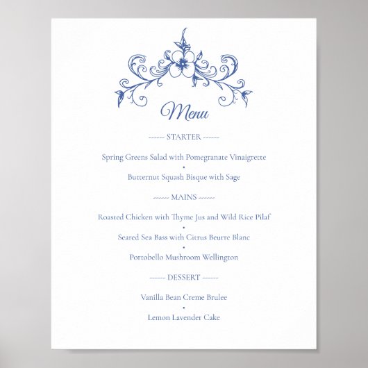 Elegante Romance Dusty Blue Wedding Menu Poster (Voorkant)