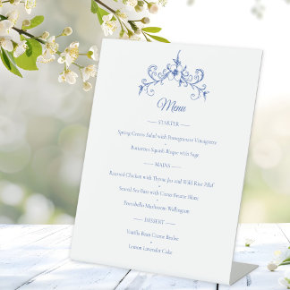 Elegante Romance Dusty Blue Wedding Menu Reclamebord Met Voetstuk