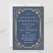 Elegante romantische blauw gouden bruiloft kaart (Voorkant)