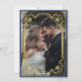 Elegante romantische blauw gouden bruiloft kaart (Achterkant)