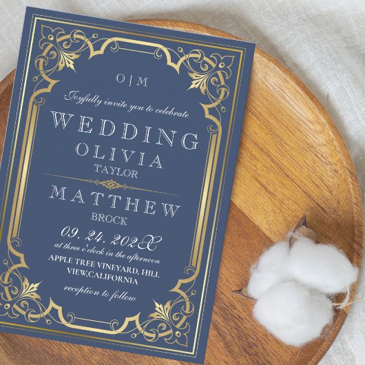 Elegante romantische blauw gouden bruiloft kaart