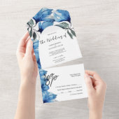 Elegante romantische blauwe artistieke bloemen all in one uitnodiging (Afscheurbaar)