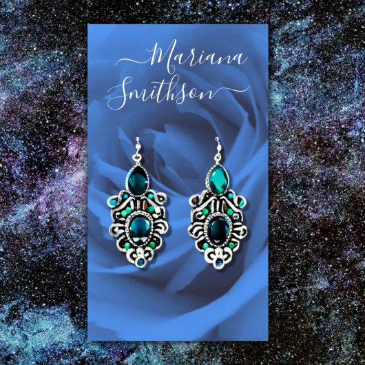 Elegante romantische blauwe roos oorbellen display visitekaartje