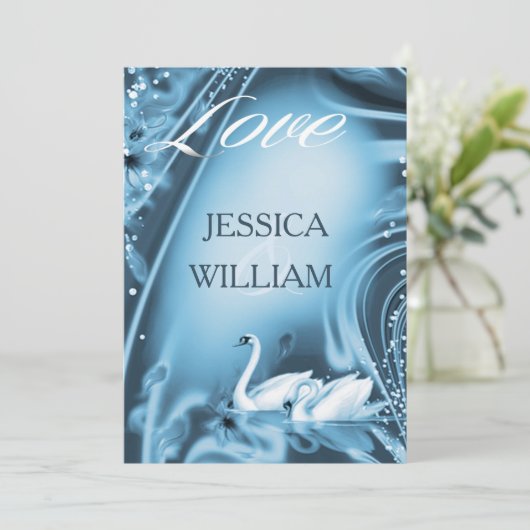 Elegante romantische blauwe zwaan liefde bruiloft  kaart (Staand voorkant)