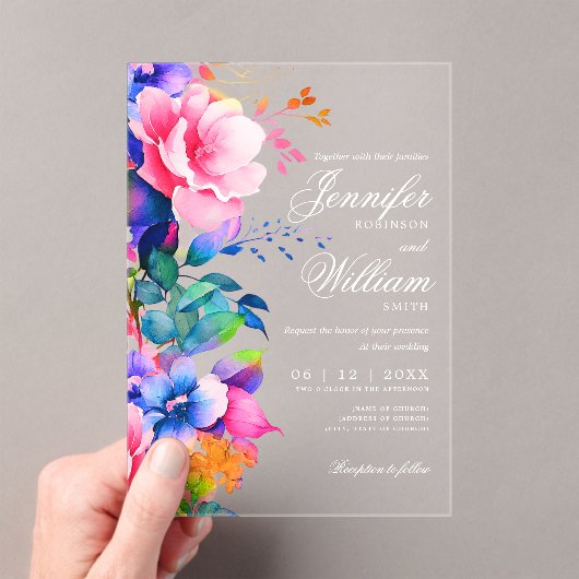 Elegante romantische bloemen bruiloft script regen acryl uitnodigingen (Insitu (Draagbaar))