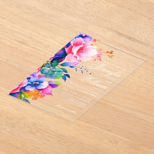 Elegante romantische bloemen bruiloft script regen acryl uitnodigingen (Laagn)