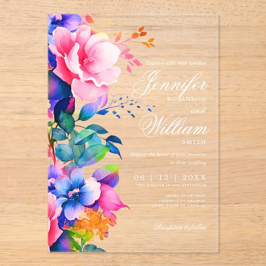 Elegante romantische bloemen bruiloft script regen acryl uitnodigingen (Voorkant)