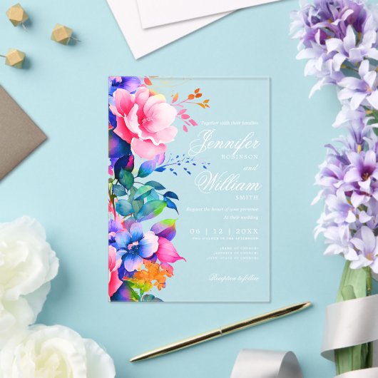 Elegante romantische bloemen bruiloft script regen acryl uitnodigingen (Insitu (Huwelijk))