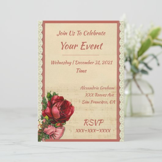  Elegante Romantische Bloemen Roos Kant Trim Kaart (Staand voorkant)