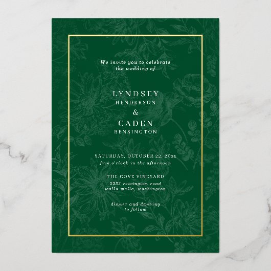 Elegante romantische bloemen smaragd groen bruilof folie uitnodiging (Voorkant)