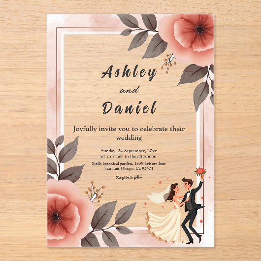 Elegante romantische bloemenbruid en bruidegom bru acryl uitnodigingen (Voorkant)
