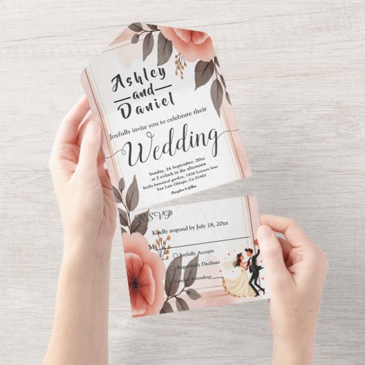 Elegante romantische bloemenbruid en bruidegom bru all in one uitnodiging (Afscheurbaar)