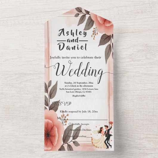 Elegante romantische bloemenbruid en bruidegom bru all in one uitnodiging (Binnen)