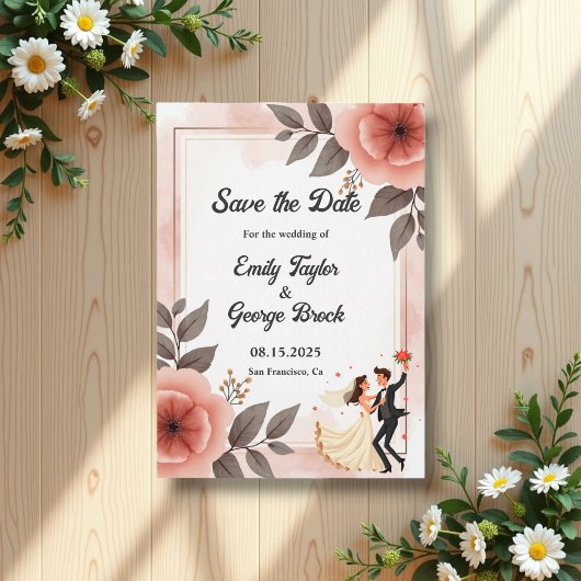 Elegante romantische bloemenbruid en bruidegom bru save the date