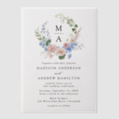 Elegante Romantische Bloemenkrans Monogram Huwelij Vellum Uitnodigingen (Voorkant)