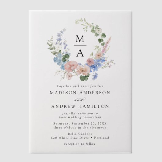 Elegante Romantische Bloemenkrans Monogram Huwelij Vellum Uitnodigingen (Voorkant)