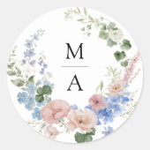 Elegante romantische bloemenmonogram bruiloft ronde sticker (Voorkant)