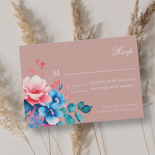 Elegante romantische bloemenscript bruiloft RSVP B Kaartje