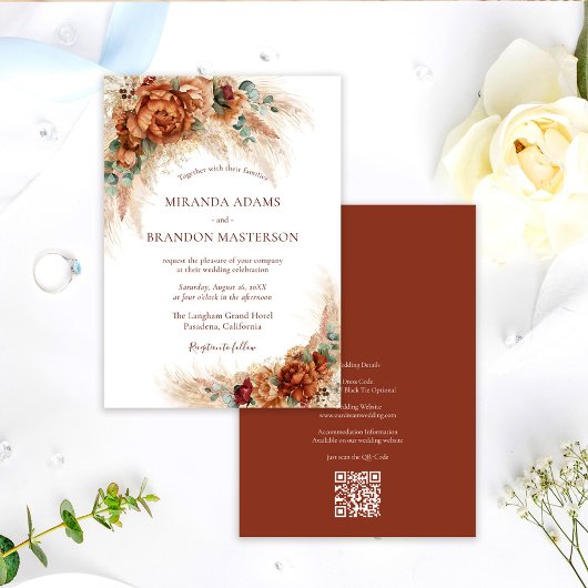 Elegante Romantische Bloemige Boho QR Code Trouwen Kaart