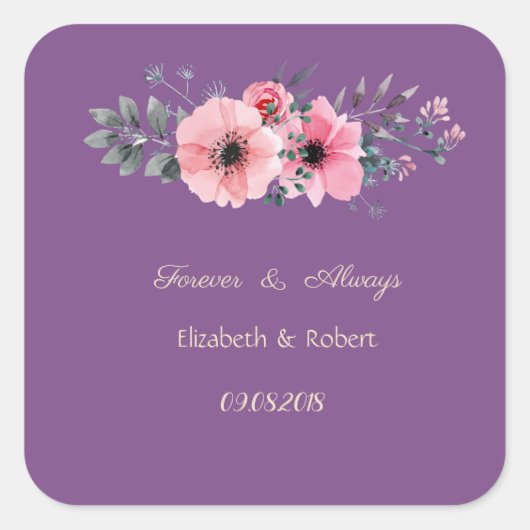 Elegante Romantische Bloemige Bruiloft Vierkante Sticker (Voorkant)
