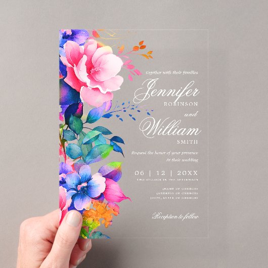 Elegante Romantische Bloemige Huwelijk Script Rege Acryl Uitnodigingen (Insitu (Draagbaar))