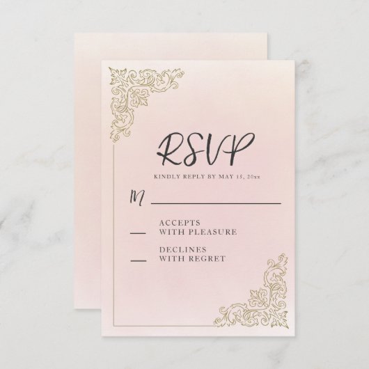 Elegante romantische blush roze goud RSVP kaartje (Voorkant / Achterkant)