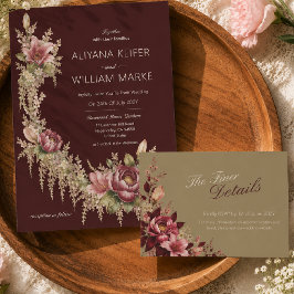 Elegante Romantische Bordeaux Bloemige Bruiloft RS RSVP Kaartje