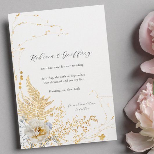 Elegante romantische botanische varen Roos kalligr Save The Date