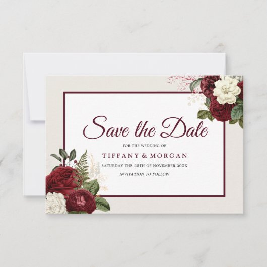 Elegante romantische Bourgondië bloemen bruiloft Save The Date (Voorkant)