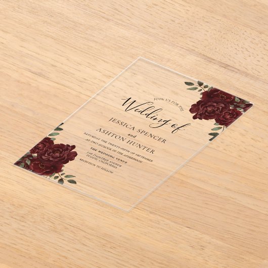Elegante romantische Bourgondische rode roos bruil Acryl Uitnodigingen (Laagn)