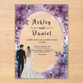 Elegante romantische bruid bruidegom Paarse bloeme Acryl Uitnodigingen (Voorkant)