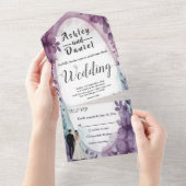 Elegante romantische bruid bruidegom Paarse bloeme All In One Uitnodiging (Afscheurbaar)