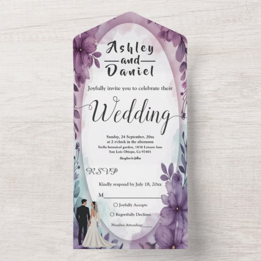 Elegante romantische bruid bruidegom Paarse bloeme All In One Uitnodiging (Binnen)