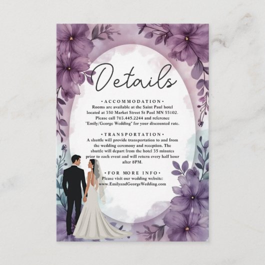 Elegante romantische bruid bruidegom Paarse bloeme Informatiekaartje (Voorkant)