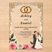 Elegante romantische bruid en bruidegom bloemenbru acryl uitnodigingen (Voorkant)