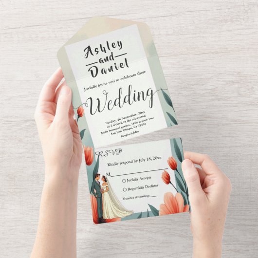 Elegante romantische bruid en bruidegom bloemenbru all in one uitnodiging (Afscheurbaar)