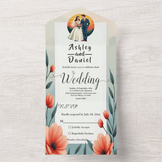 Elegante romantische bruid en bruidegom bloemenbru all in one uitnodiging (Binnen)