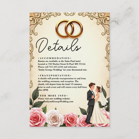 Elegante romantische bruid en bruidegom bloemenbru informatiekaartje (Voorkant)