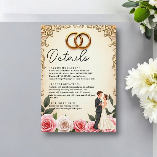 Elegante romantische bruid en bruidegom bloemenbru informatiekaartje