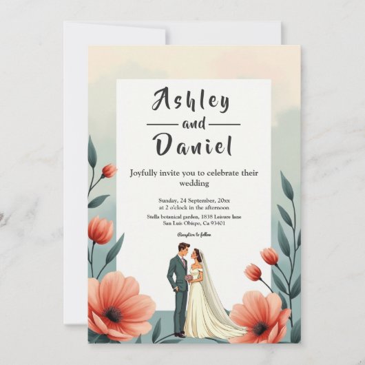 Elegante romantische bruid en bruidegom bloemenbru kaart (Voorkant)