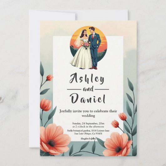 Elegante romantische bruid en bruidegom bloemenbru kaart (Voorkant)