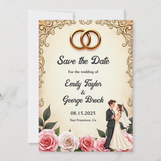 Elegante romantische bruid en bruidegom bloemenbru save the date (Voorkant)