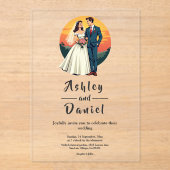 Elegante romantische bruid en bruidegom zonsonderg acryl uitnodigingen (Voorkant)