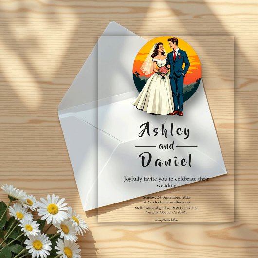 Elegante romantische bruid en bruidegom zonsonderg acryl uitnodigingen