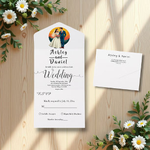 Elegante romantische bruid en bruidegom zonsonderg all in one uitnodiging