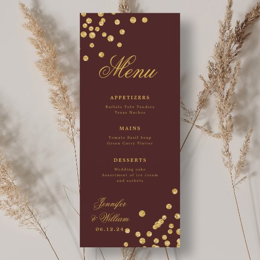 Elegante romantische bruiloft Confetti Gold Bourgo Menu