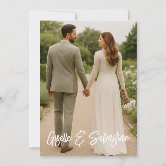 Elegante romantische fotoscript moderne bruiloft kaart (Achterkant)