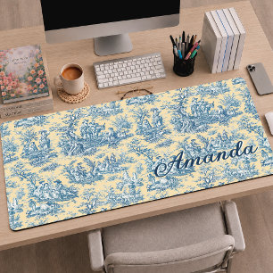 Elegante Romantische Gele Teal Toile de Jouy Bureaumat
