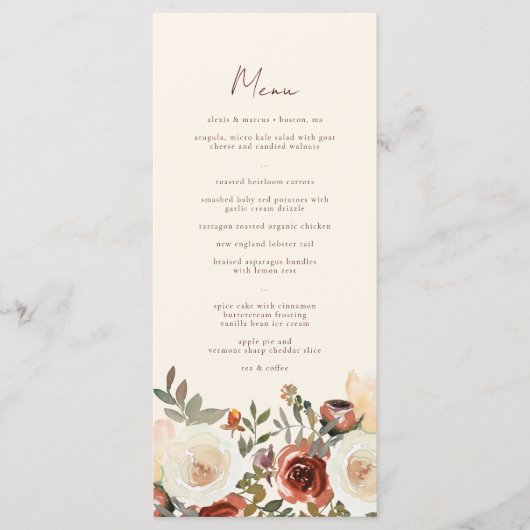Elegante romantische Herfst bloemenroest bruiloft Menu (Voorkant)