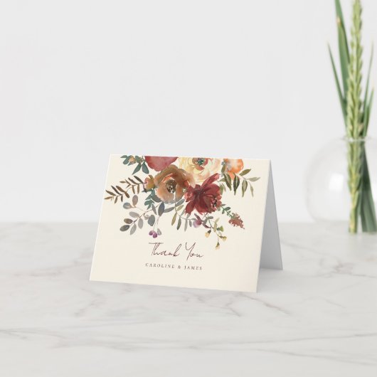 Elegante romantische Herfst bloemenrood bruiloft Bedankkaart (Voorkant)